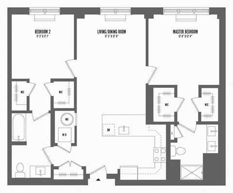 Floor plan for 2 beds, 2 baths, 1091 sqft